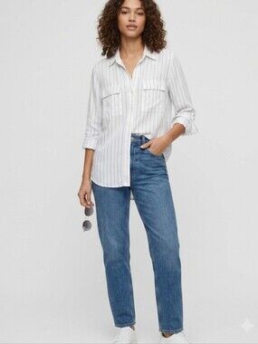 Babaton Aritzia Utility Shirt Roll-Tab Striped Tencel Button Navy White XXS